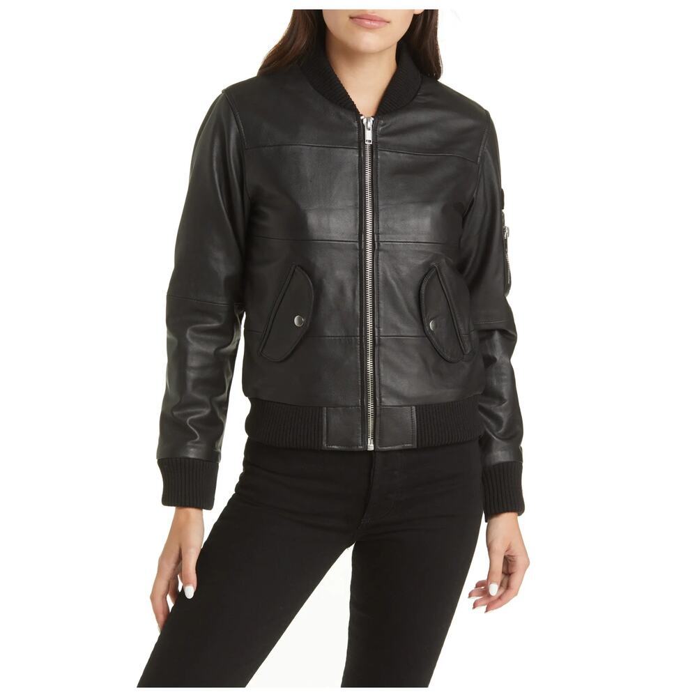NEW Deadwood Recycled Lambskin Leather Bomber Jacket Size Large